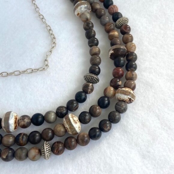 Sterling Silver 925 Tiered Brown Jasper Agate Layered 3 Strand Beaded Necklace - Picture 13 of 16